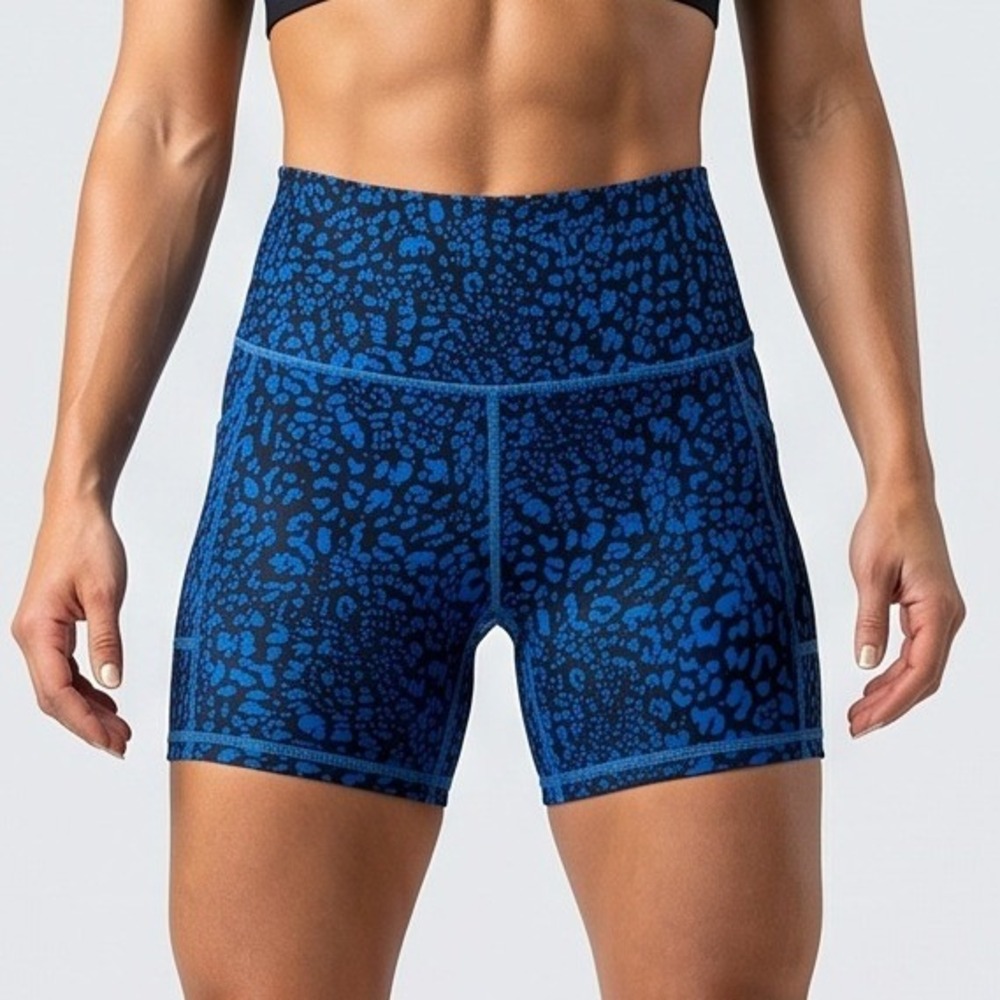 Ideology Womens XL Blue Leopard Print High Waist Bike Shorts Side Pockets 7" NWT
